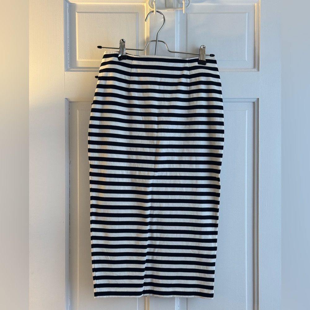 Jcrew Striped Navy and White Pencil Skirt, Below the knee, Zip Up, Cotton